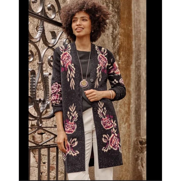 J Jill Black Floral Bird Knit Cardigan Sweater Long Sleeve...